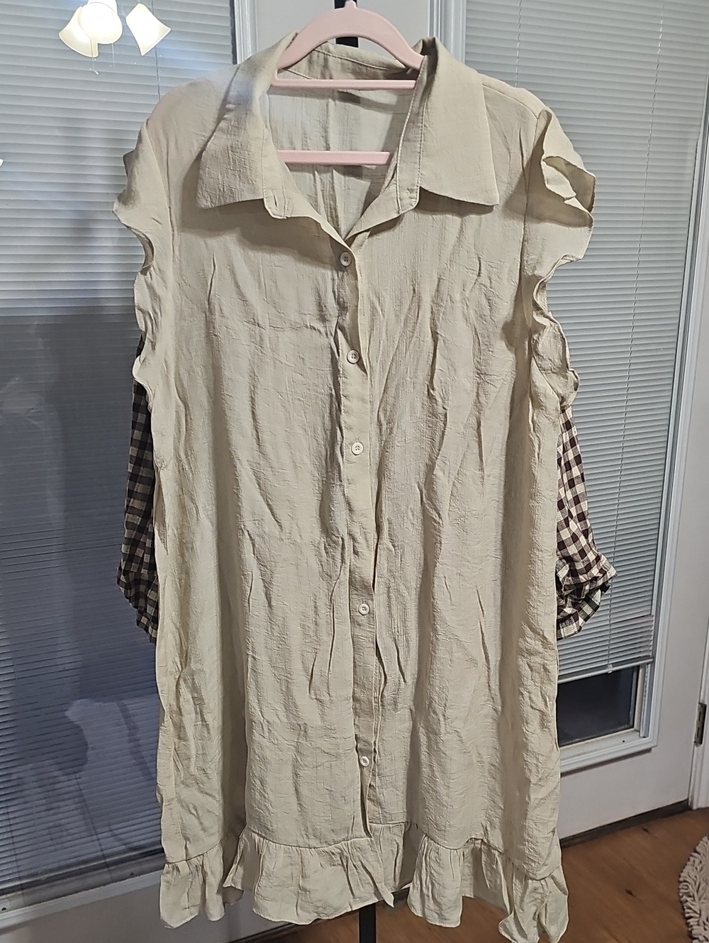 Light Cream Button-Front Ruffle Hem Dress